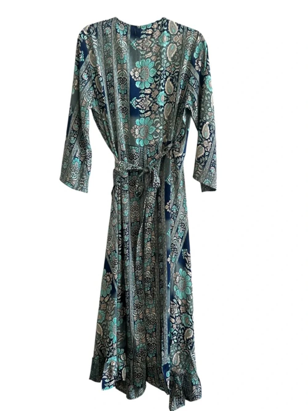 Cienna Bohemian Navy Blue and Teal Floral Wrap Maxi Dress - Size XL